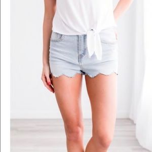 Scalloped denim shorts
